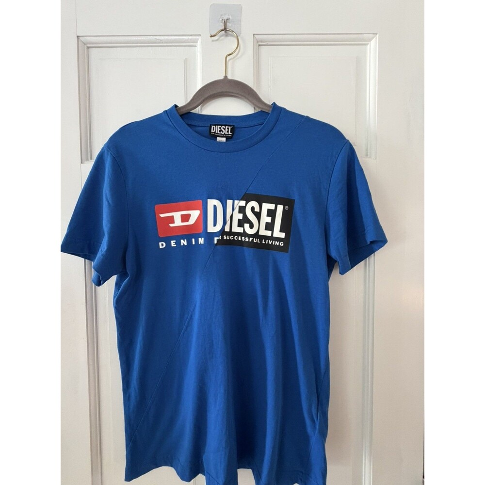 Diesel T-Diego-Cuty Mens M Blue Dual Logo Graphic T Shirt 00SDP1 Authentic